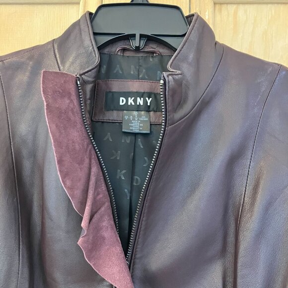 DKNY Womens Ruffle-Front Lambskin Bordeaux Leather Jacket Small Brown FA EXC - Picture 5 of 12